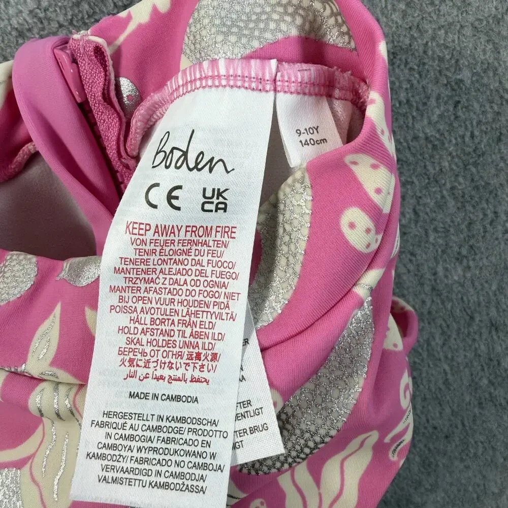 Boden Girls 9-10Y Pink Mermaid Dolphin Print Long Sleeve Ruffle Swimsuit Zipper